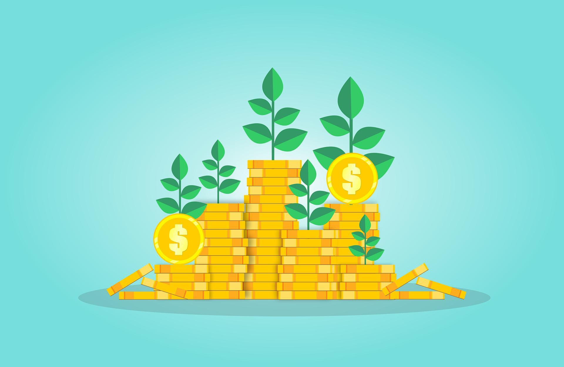 Illustration of mutual funds and equity growth with a plant growing from a coin.